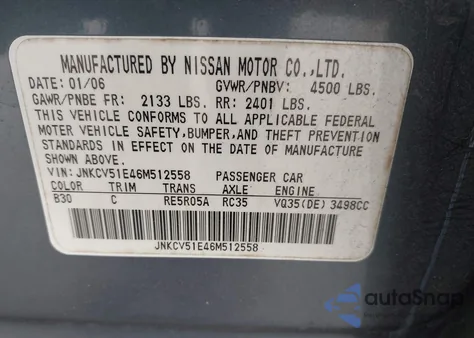 2006 Infiniti G35 z USA, uszkodzony, nr VIN JNKCV51E46M512558